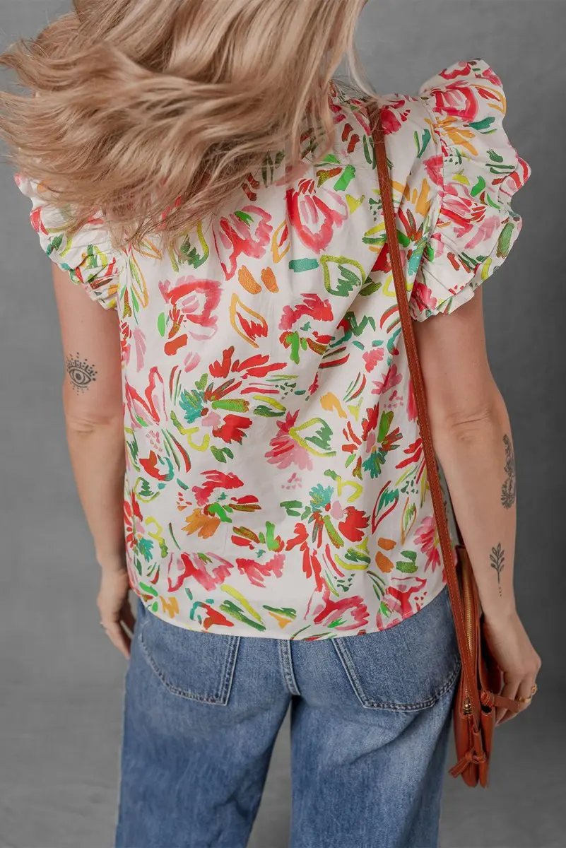 Multicolour Allover Floral Printed Flutter Sleeve Blouse - Love Salve